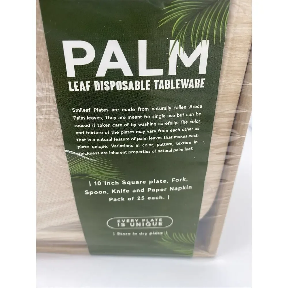 Smileaf Palm Leaf Square Plates, Forks, Spoons And Knives Pack 25 Each NEW